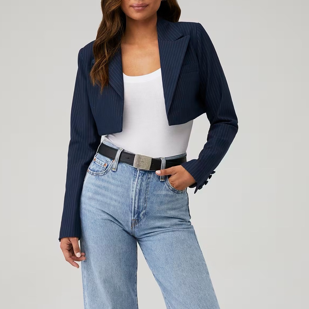Good American Cropped Navy Pinstripe Blazer